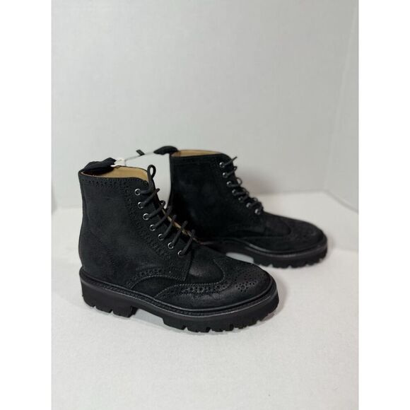 NEW GRENSON Emmaline Black Burnished Suede Wingtip Combat Boots Size 6 US 3 Uk - Picture 1 of 8